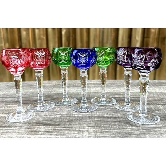 Vineyard by Bayel 4.5" Cordial Glasses Cut to Clear Crystal Bohemian Set of 7 - Picture 1 of 16